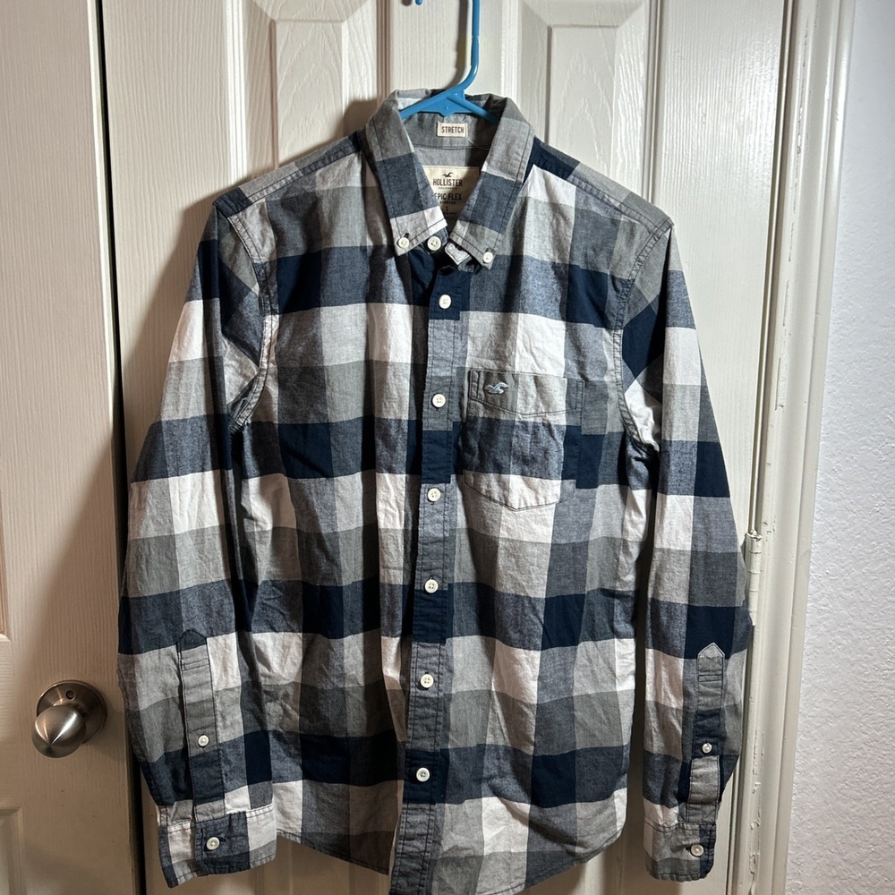 Hollister Epic Flex Men's Small Gray Blue Plaid‎ Slim Fit Button Down Shirt